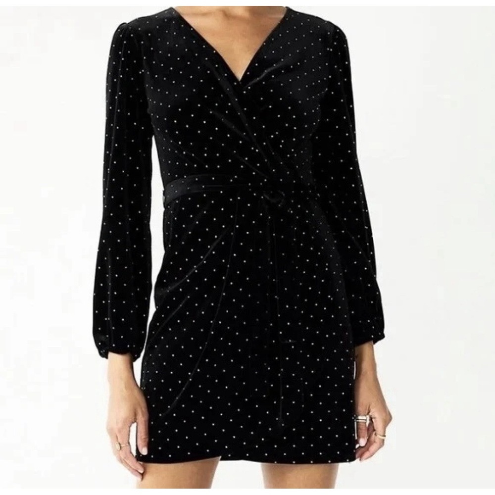 Nine West Black Velvet Faux Wrap Dress Sz XL Long Sleeve All Over Studs Glam